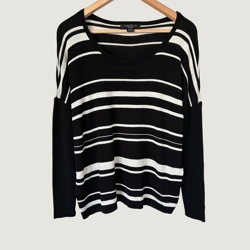 August Silk Petite Black‎ White Striped Knit Sweater PS Cotton blend Minimalist